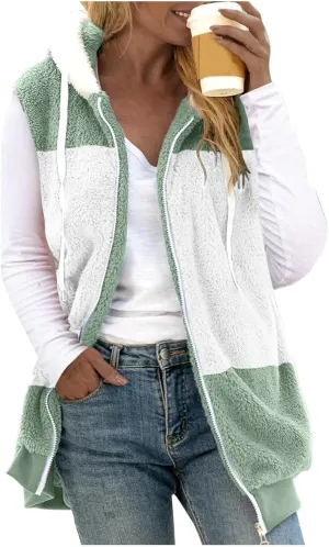 Winter Coat For Women 2023 Fuzzy Fleece Jacket Hooded Color Block Thermal Coat Oversized Fluffy Sherpa Outerwear