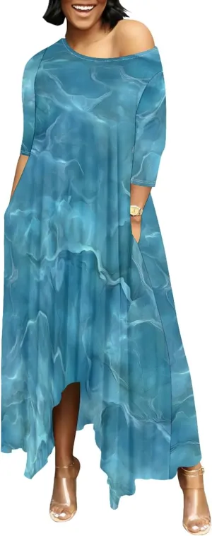 Women 2024 Trendy Off Shoulder Dress 3/4 Sleeve Swing Ruffle Irregular Hem A Line Flowy Pleated Long Maxi Dress with Pockets