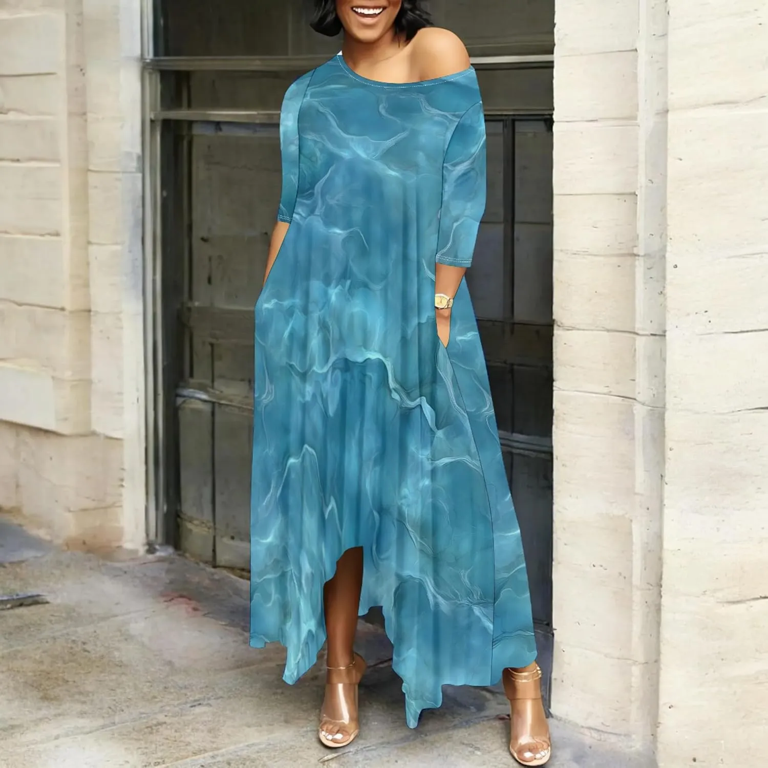 Women 2024 Trendy Off Shoulder Dress 3/4 Sleeve Swing Ruffle Irregular Hem A Line Flowy Pleated Long Maxi Dress with Pockets