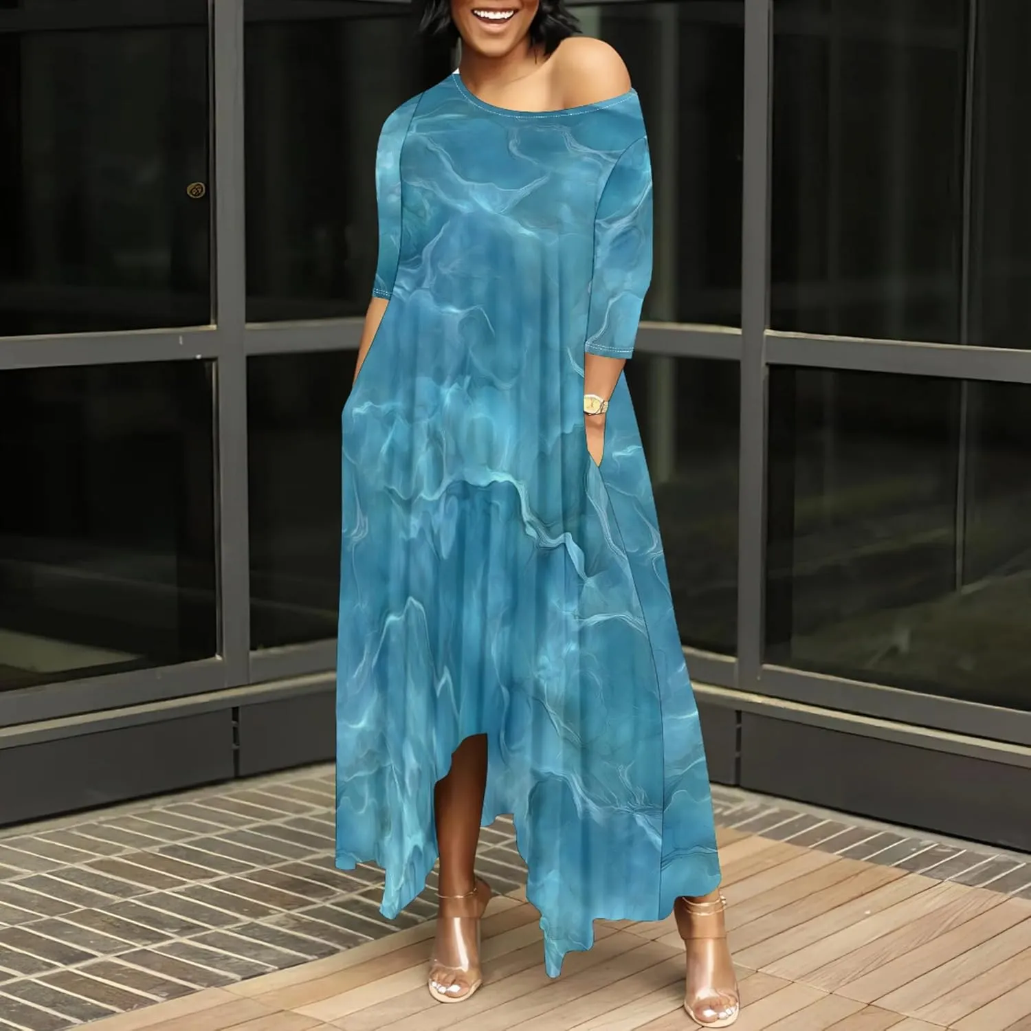 Women 2024 Trendy Off Shoulder Dress 3/4 Sleeve Swing Ruffle Irregular Hem A Line Flowy Pleated Long Maxi Dress with Pockets