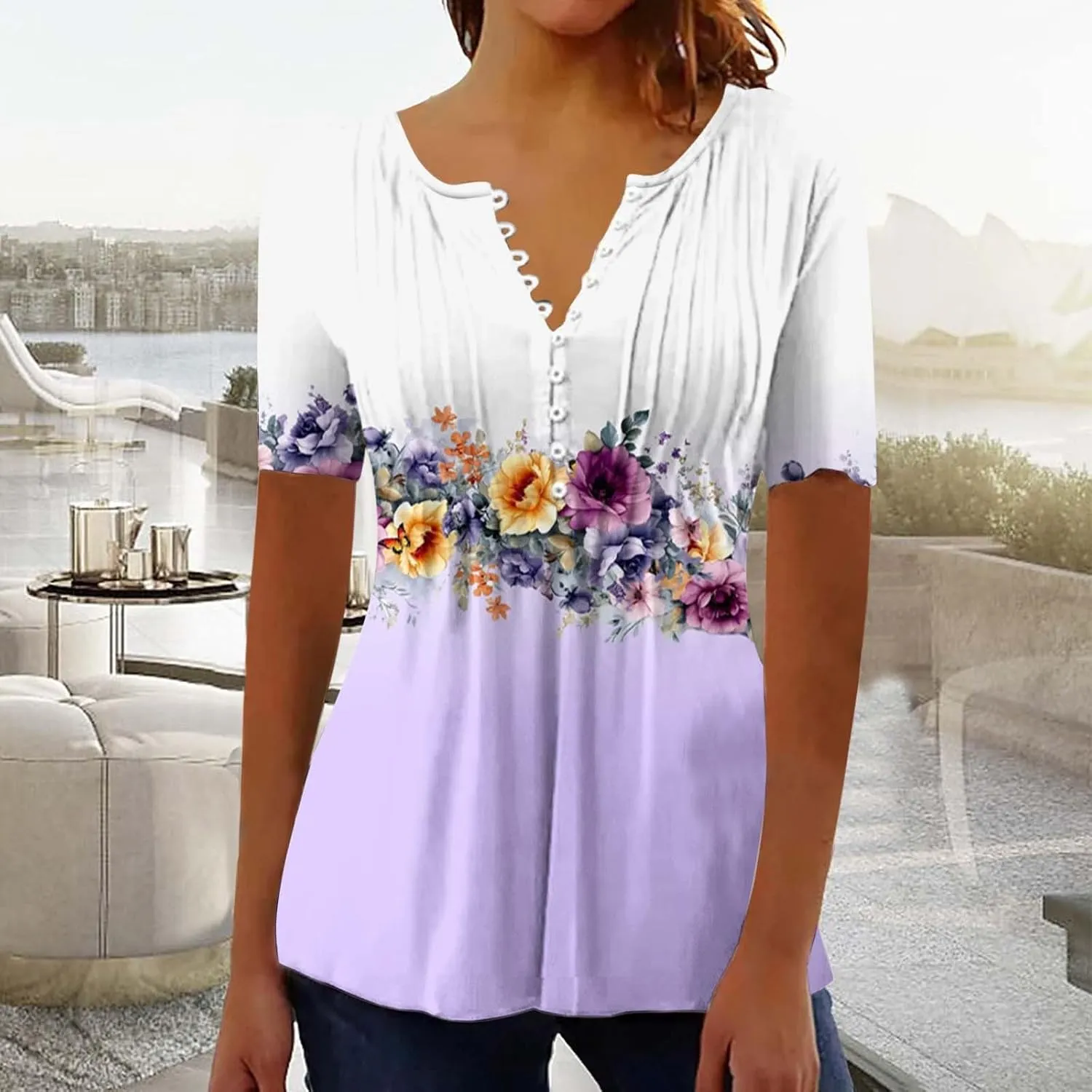 Women 2025 Spring Blouses Tops Floral Short Sleeve Boho T Shirts Dressy Casual Tunic Beach Vacation Ladies Clothing