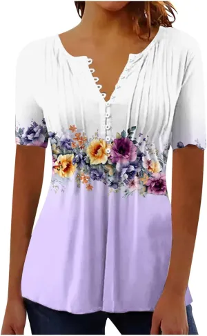 Women 2025 Spring Blouses Tops Floral Short Sleeve Boho T Shirts Dressy Casual Tunic Beach Vacation Ladies Clothing