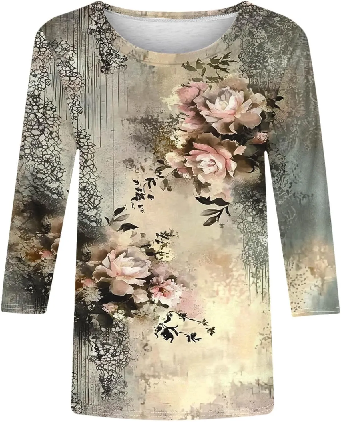 Women 3/4 Sleeve Length Summer Tops Dressy Casual Boho Blouses Trendy Floral T Shirts Tunic Beach Vacation Ladies Clothes
