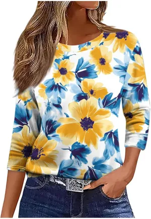 Women 3/4 Sleeve Length Summer Tops Dressy Casual Boho Blouses Trendy Floral T Shirts Tunic Beach Vacation Ladies Clothes
