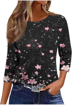 Women 3/4 Sleeve Length Summer Tops Dressy Casual Boho Blouses Trendy Floral T Shirts Tunic Beach Vacation Ladies Clothes