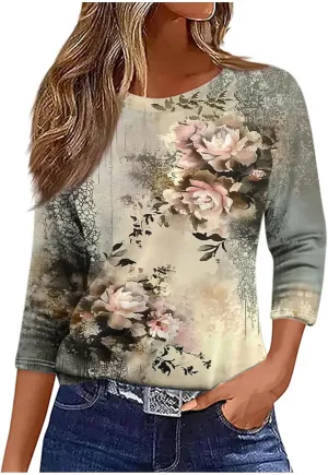 Women 3/4 Sleeve Length Summer Tops Dressy Casual Boho Blouses Trendy Floral T Shirts Tunic Beach Vacation Ladies Clothes