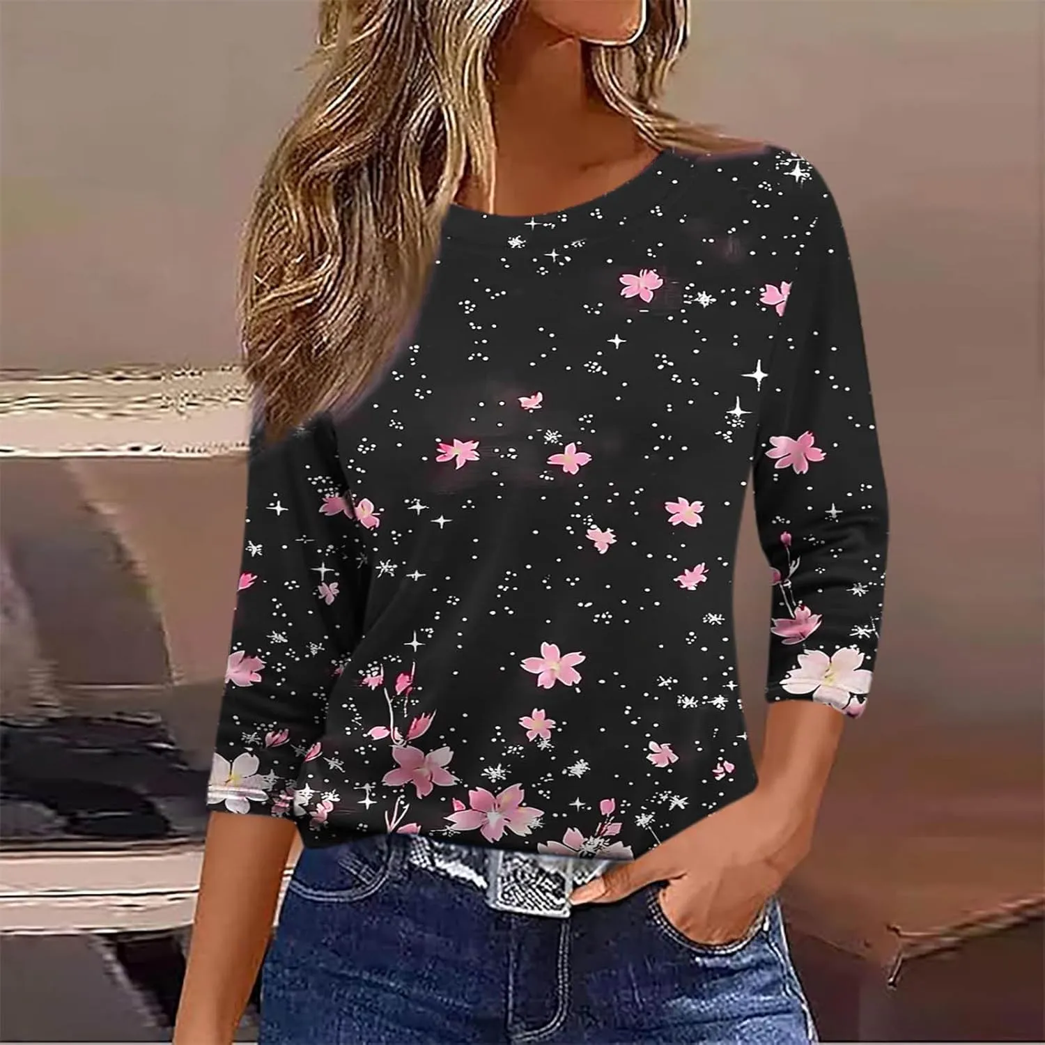 Women 3/4 Sleeve Length Summer Tops Dressy Casual Boho Blouses Trendy Floral T Shirts Tunic Beach Vacation Ladies Clothes
