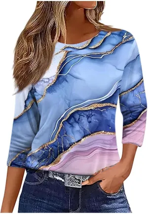 Women 3/4 Sleeve Length Summer Tops Dressy Casual Boho Blouses Trendy Floral T Shirts Tunic Beach Vacation Ladies Clothes