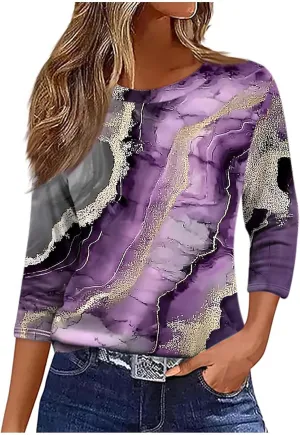 Women 3/4 Sleeve Length Summer Tops Dressy Casual Boho Blouses Trendy Floral T Shirts Tunic Beach Vacation Ladies Clothes
