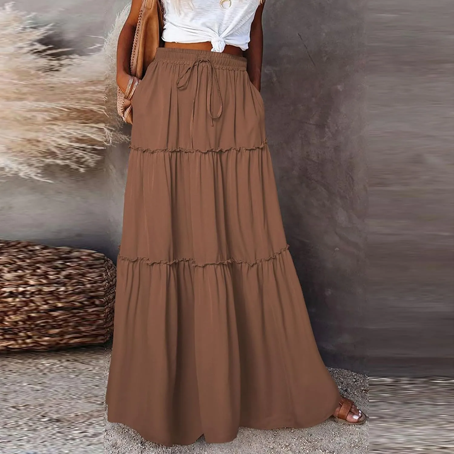 Women Boho Floral Maxi Skirt 2025 Summer High Waisted Tiered Long Skirts Flowy Ruffle Beach Vacation Midi Skirts