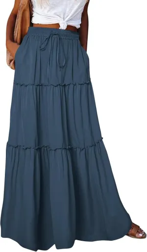 Women Boho Floral Maxi Skirt 2025 Summer High Waisted Tiered Long Skirts Flowy Ruffle Beach Vacation Midi Skirts