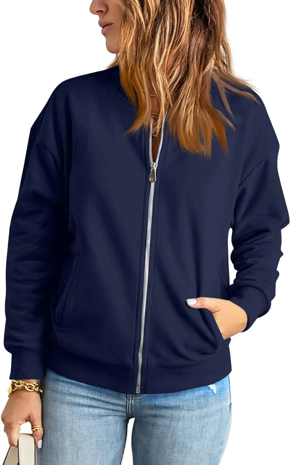 Women Bomber Jacket Casual Zip Up Fleece Jacket Trendy Lightweight Cropped Windbreaker Comfy Fall Coats with Pockets