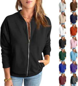 Women Bomber Jacket Casual Zip Up Fleece Jacket Trendy Lightweight Cropped Windbreaker Comfy Fall Coats with Pockets