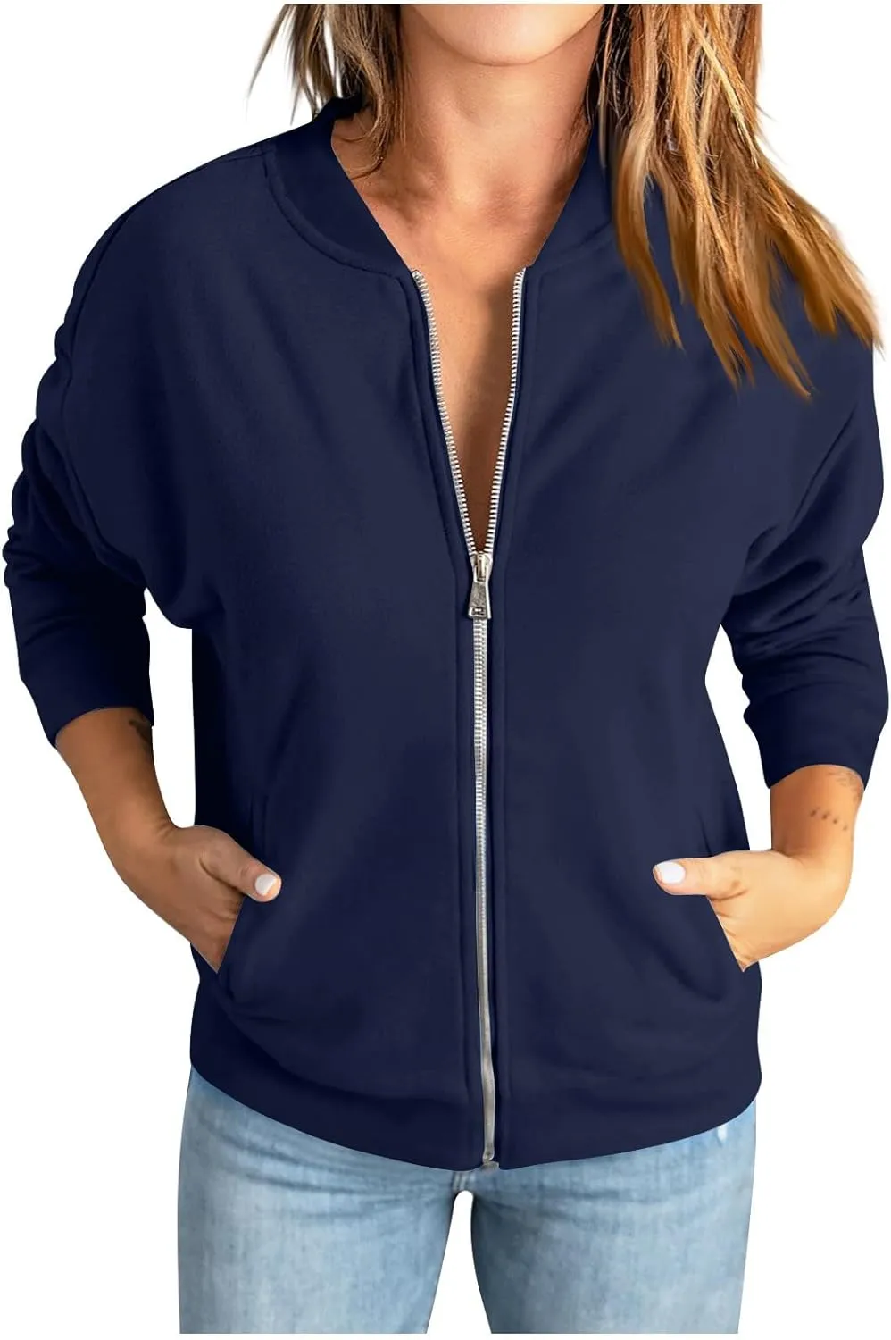 Women Bomber Jacket Casual Zip Up Fleece Jacket Trendy Lightweight Cropped Windbreaker Comfy Fall Coats with Pockets