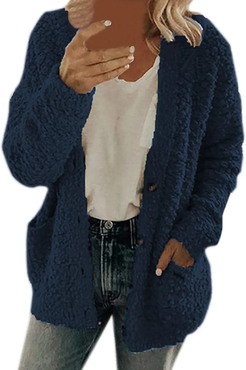 Women Casual Plus Size Plush Sweater Pockets Outerwear Buttons Cardigan Coat Hooded Lightweight Jacket for