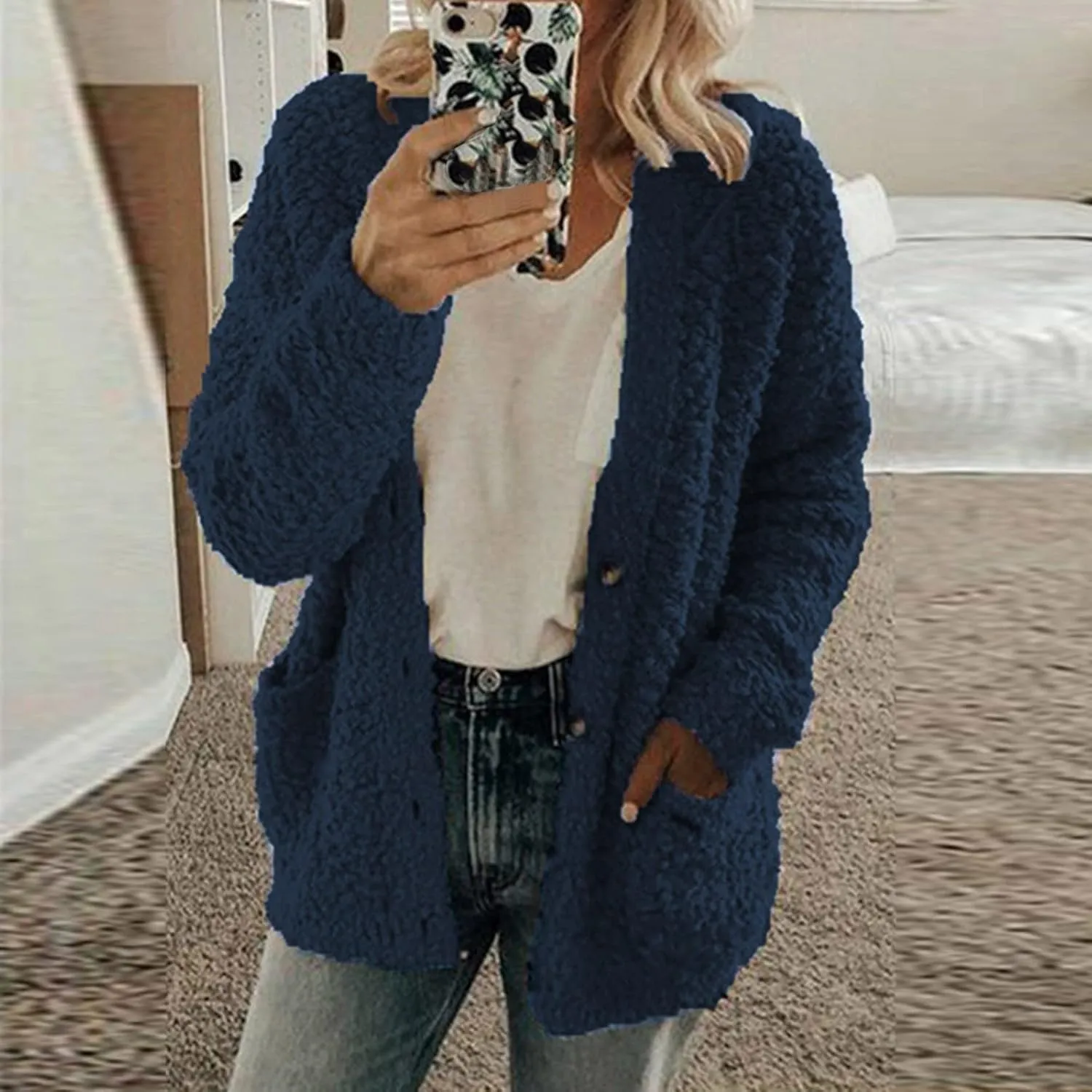 Women Casual Plus Size Plush Sweater Pockets Outerwear Buttons Cardigan Coat Hooded Lightweight Jacket for