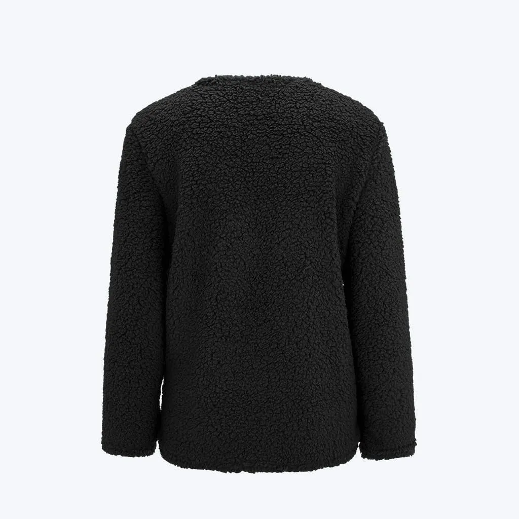 Women Casual Plus Size Plush Sweater Pockets Outerwear Buttons Cardigan Coat Hooded Lightweight Jacket for