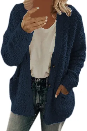 Women Casual Plus Size Plush Sweater Pockets Outerwear Buttons Cardigan Coat Hooded Lightweight Jacket for