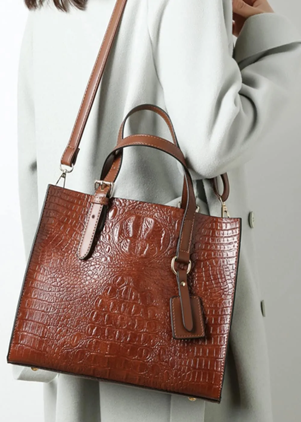 Women Crocodile Pattern Shoulder Bag Vintage Handbag Satchel Purse 3psc