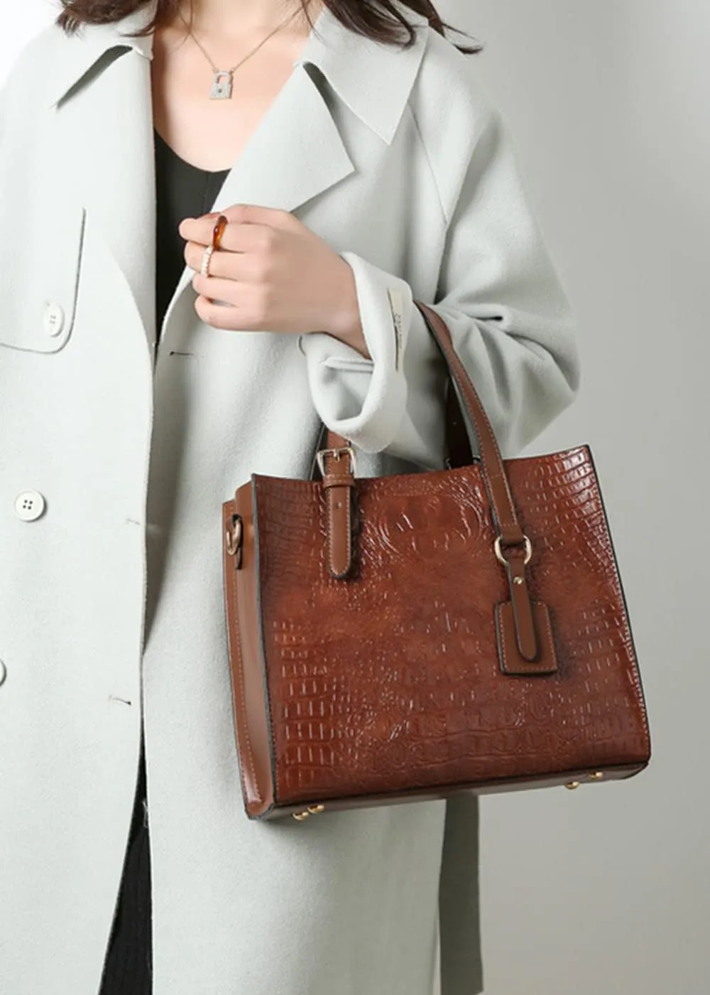 Women Crocodile Pattern Shoulder Bag Vintage Handbag Satchel Purse 3psc