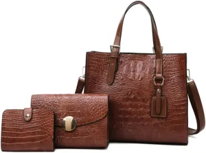 Women Crocodile Pattern Shoulder Bag Vintage Handbag Satchel Purse 3psc
