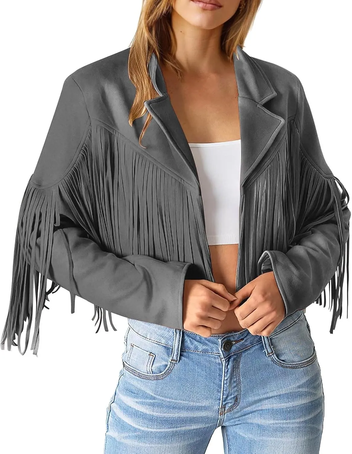 Women Fall Outfits Women Fringe Faux Suede Leather Jackets Fashion Tassel Motorcycle Cropped Coats Fall For Women