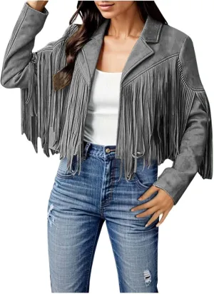 Women Fall Outfits Women Fringe Faux Suede Leather Jackets Fashion Tassel Motorcycle Cropped Coats Fall For Women
