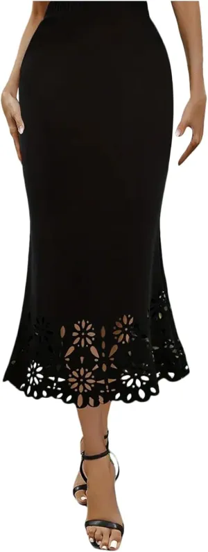 Women Fashion Solid Skirt Elastic Waist Slim Hollow A Shaped Skirt Fishtail Skirt Corset Skirt High Waist