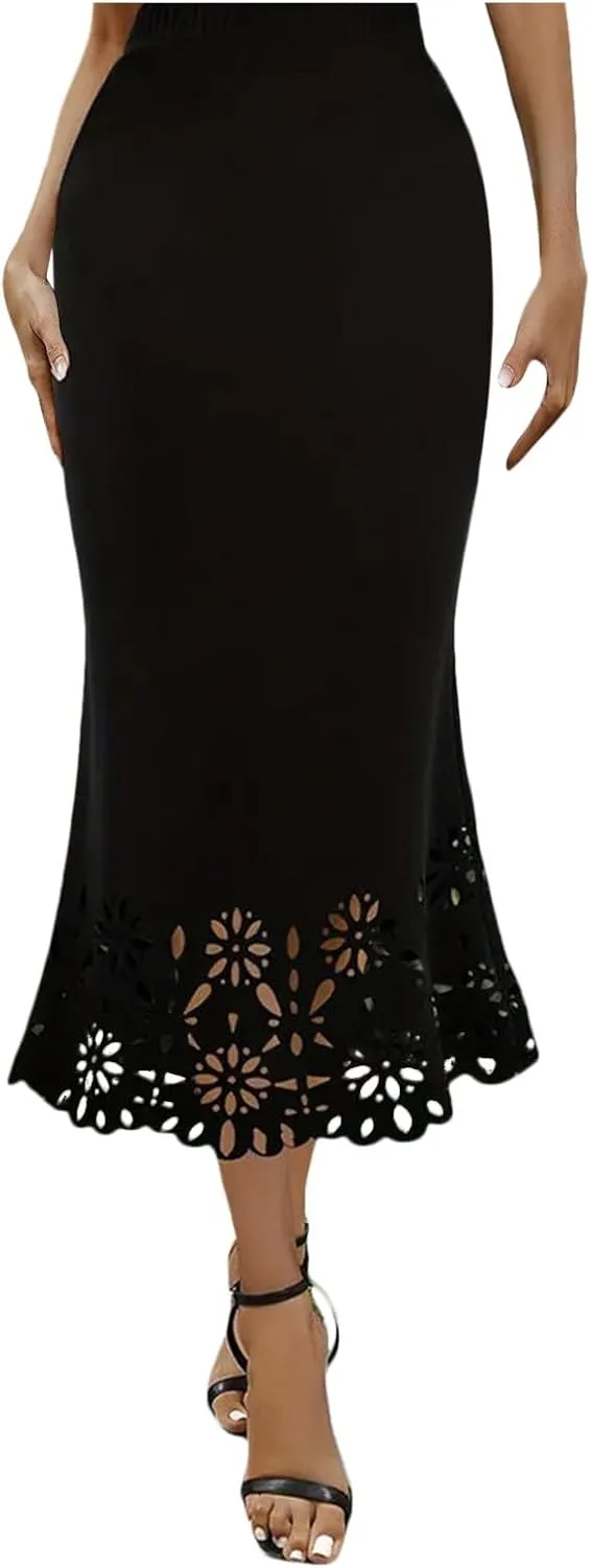 Women Fashion Solid Skirt Elastic Waist Slim Hollow A Shaped Skirt Fishtail Skirt Corset Skirt High Waist