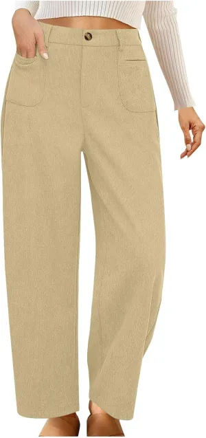 Women Fashion Wide Leg Pants Comfortable Solid Color Trouser Casual High Waist Button Straight Pocket Pants