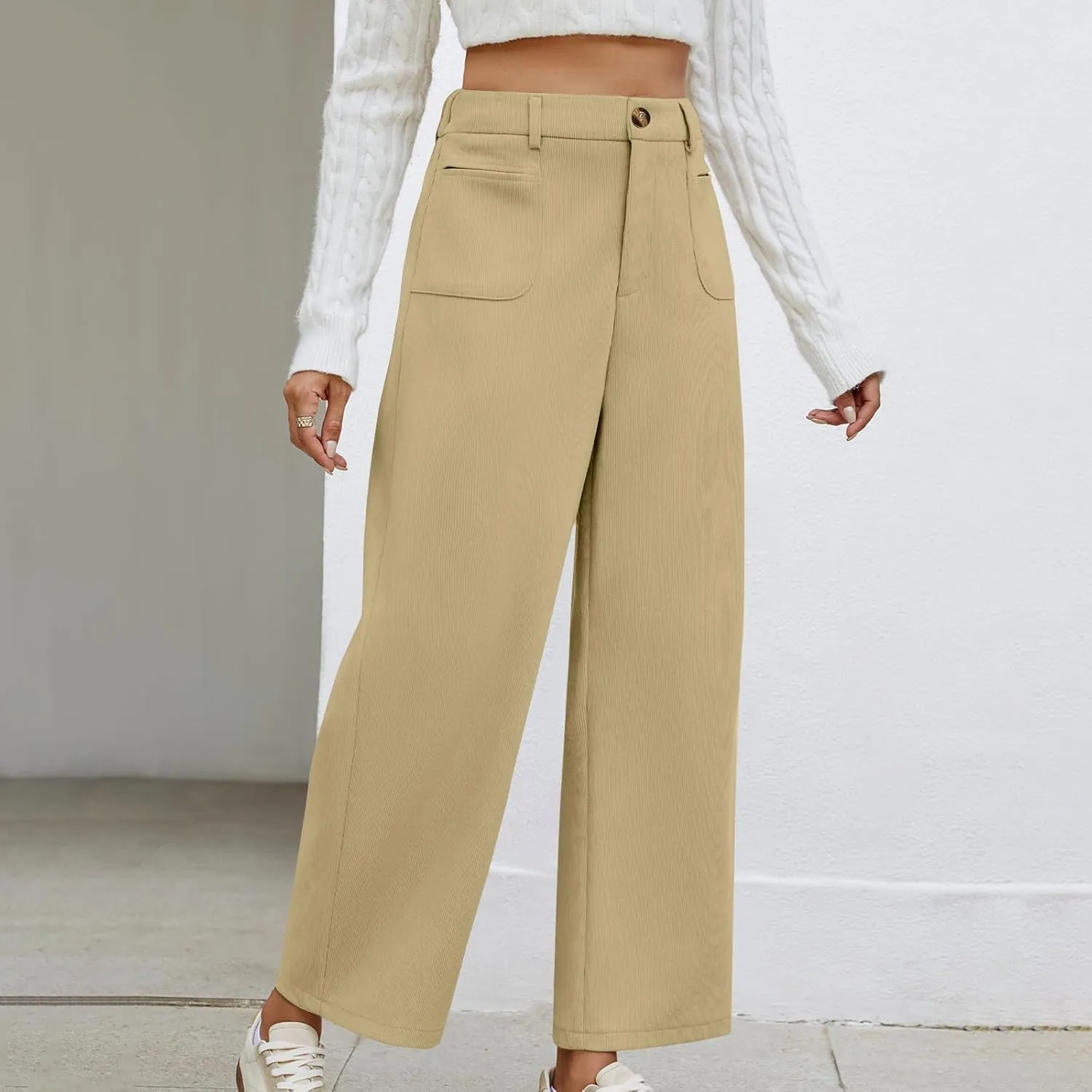Women Fashion Wide Leg Pants Comfortable Solid Color Trouser Casual High Waist Button Straight Pocket Pants