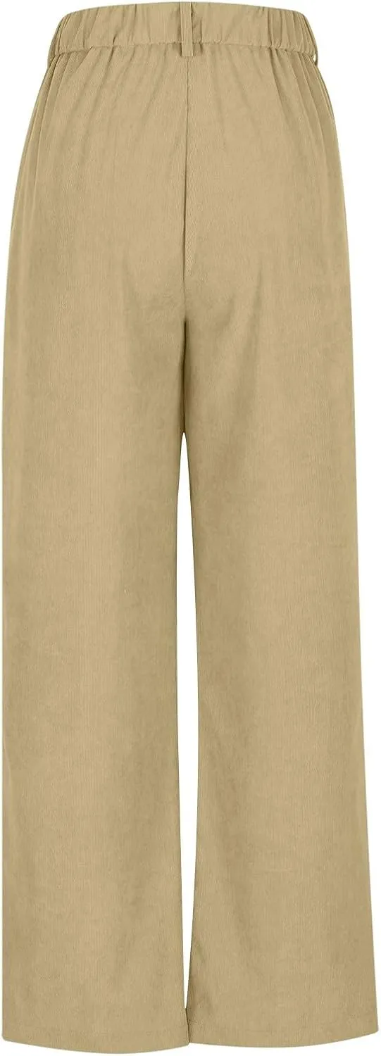 Women Fashion Wide Leg Pants Comfortable Solid Color Trouser Casual High Waist Button Straight Pocket Pants