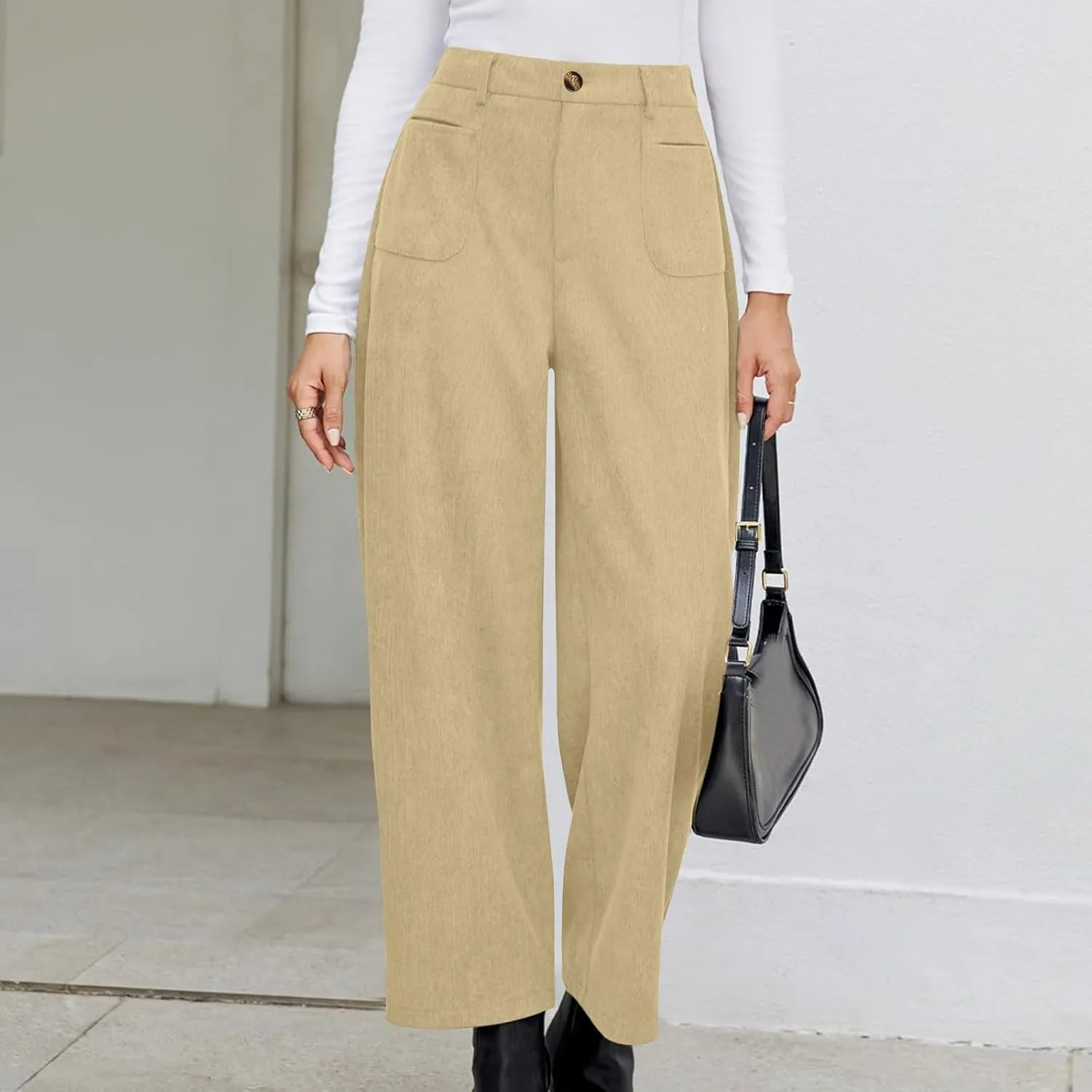 Women Fashion Wide Leg Pants Comfortable Solid Color Trouser Casual High Waist Button Straight Pocket Pants