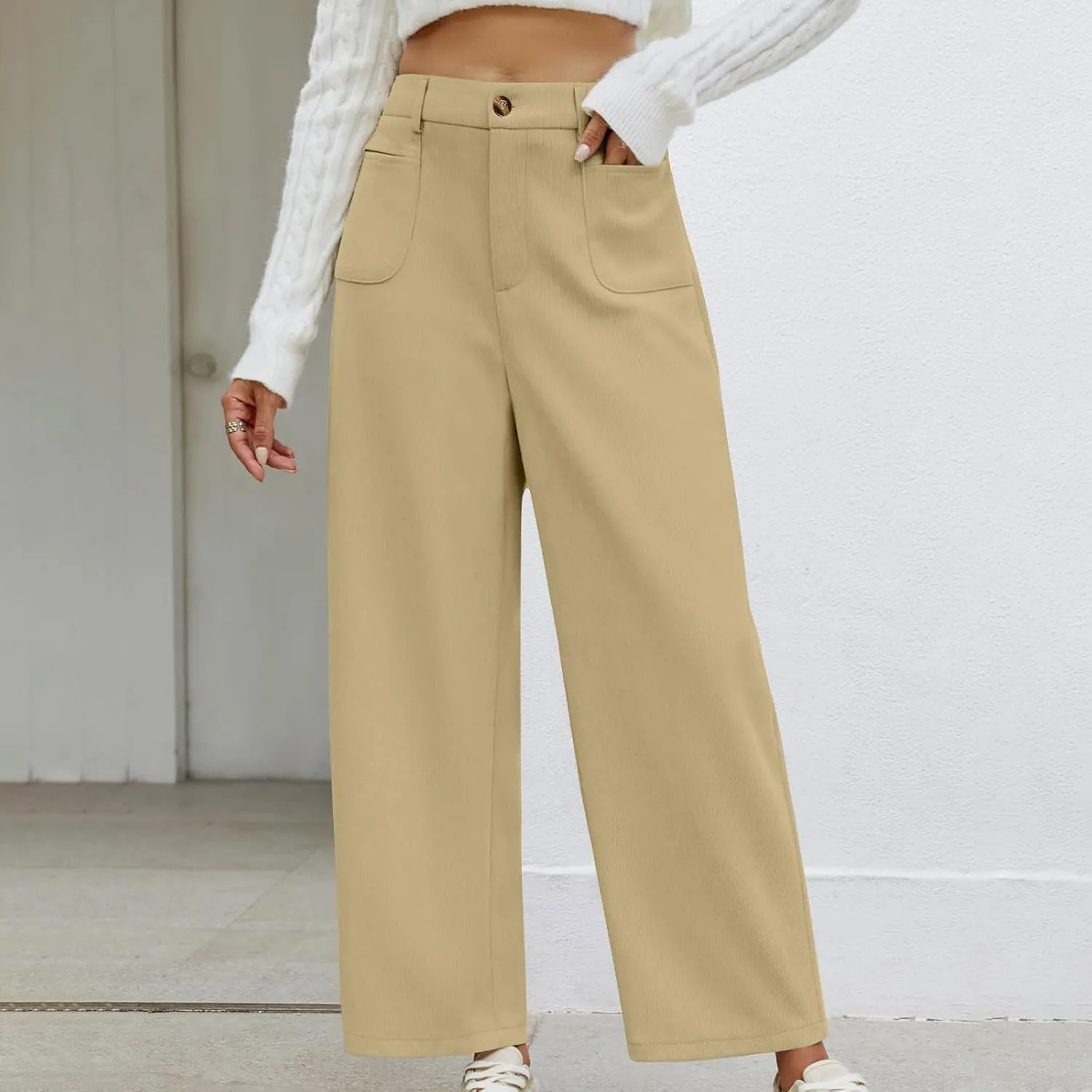 Women Fashion Wide Leg Pants Comfortable Solid Color Trouser Casual High Waist Button Straight Pocket Pants