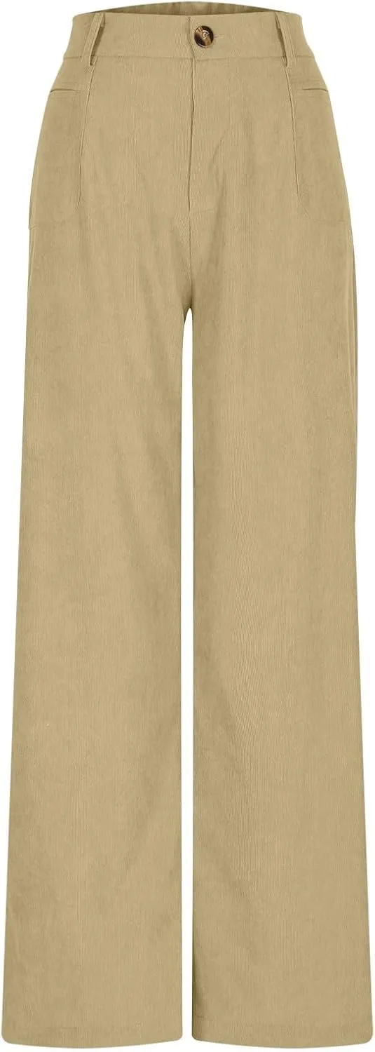 Women Fashion Wide Leg Pants Comfortable Solid Color Trouser Casual High Waist Button Straight Pocket Pants