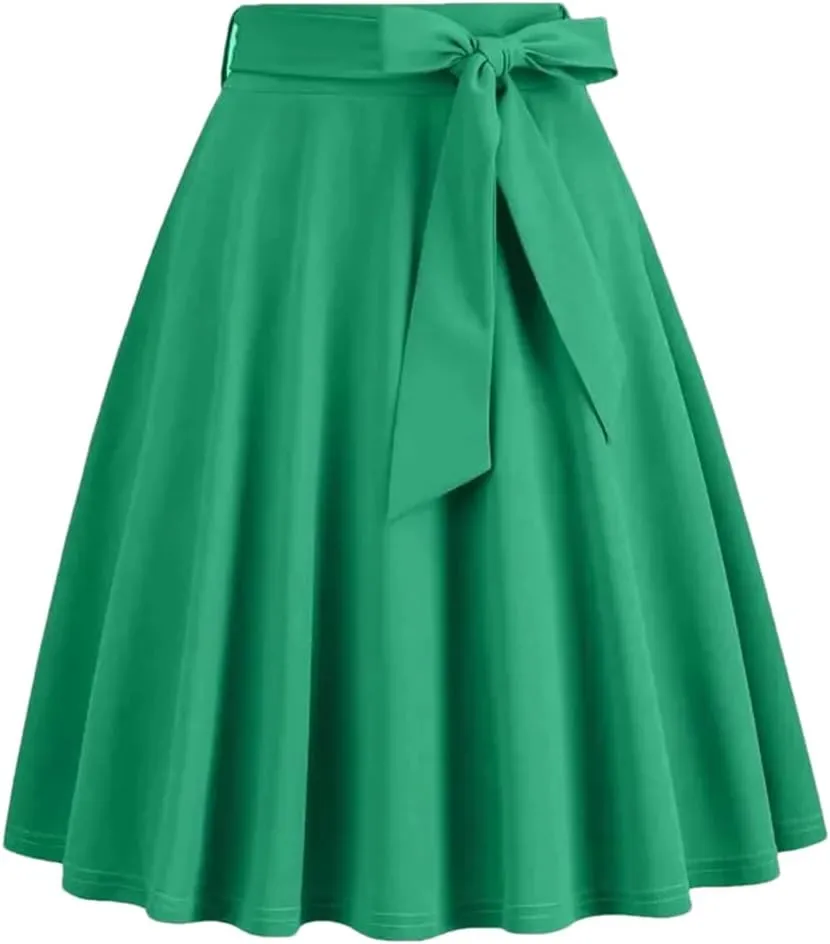 Women High Waist A Line Skater Skirt 50s Swing Elegant Skirts Solid Color Midi Pleated Skirt