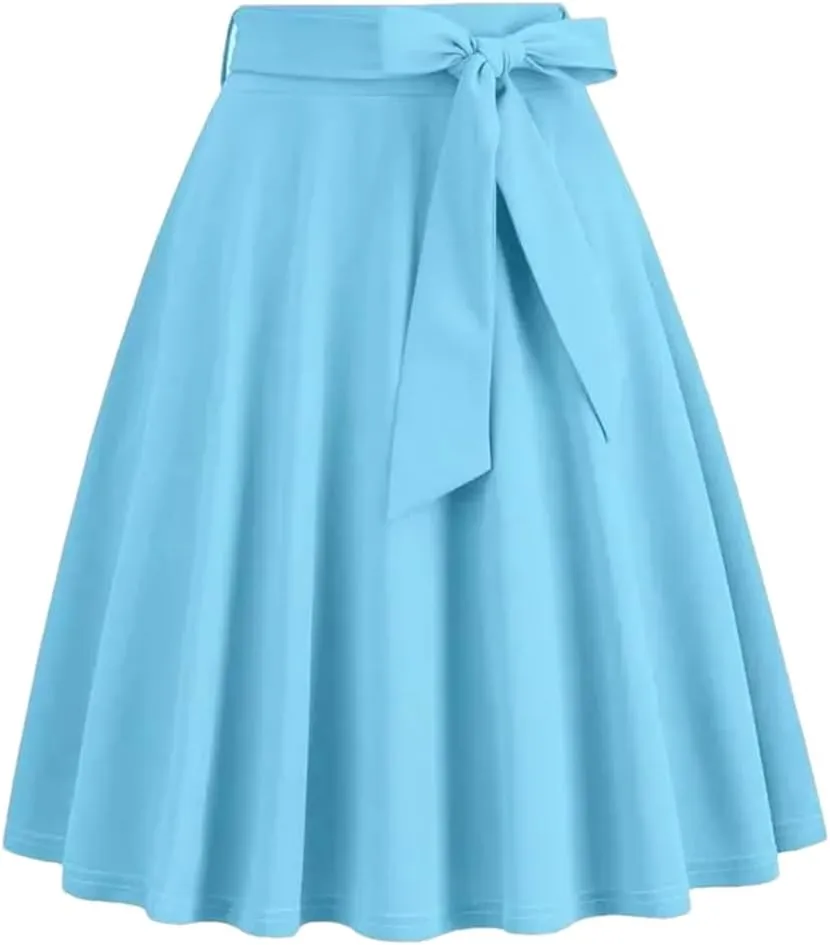 Women High Waist A Line Skater Skirt 50s Swing Elegant Skirts Solid Color Midi Pleated Skirt