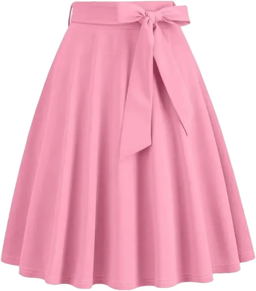 Women High Waist A Line Skater Skirt 50s Swing Elegant Skirts Solid Color Midi Pleated Skirt