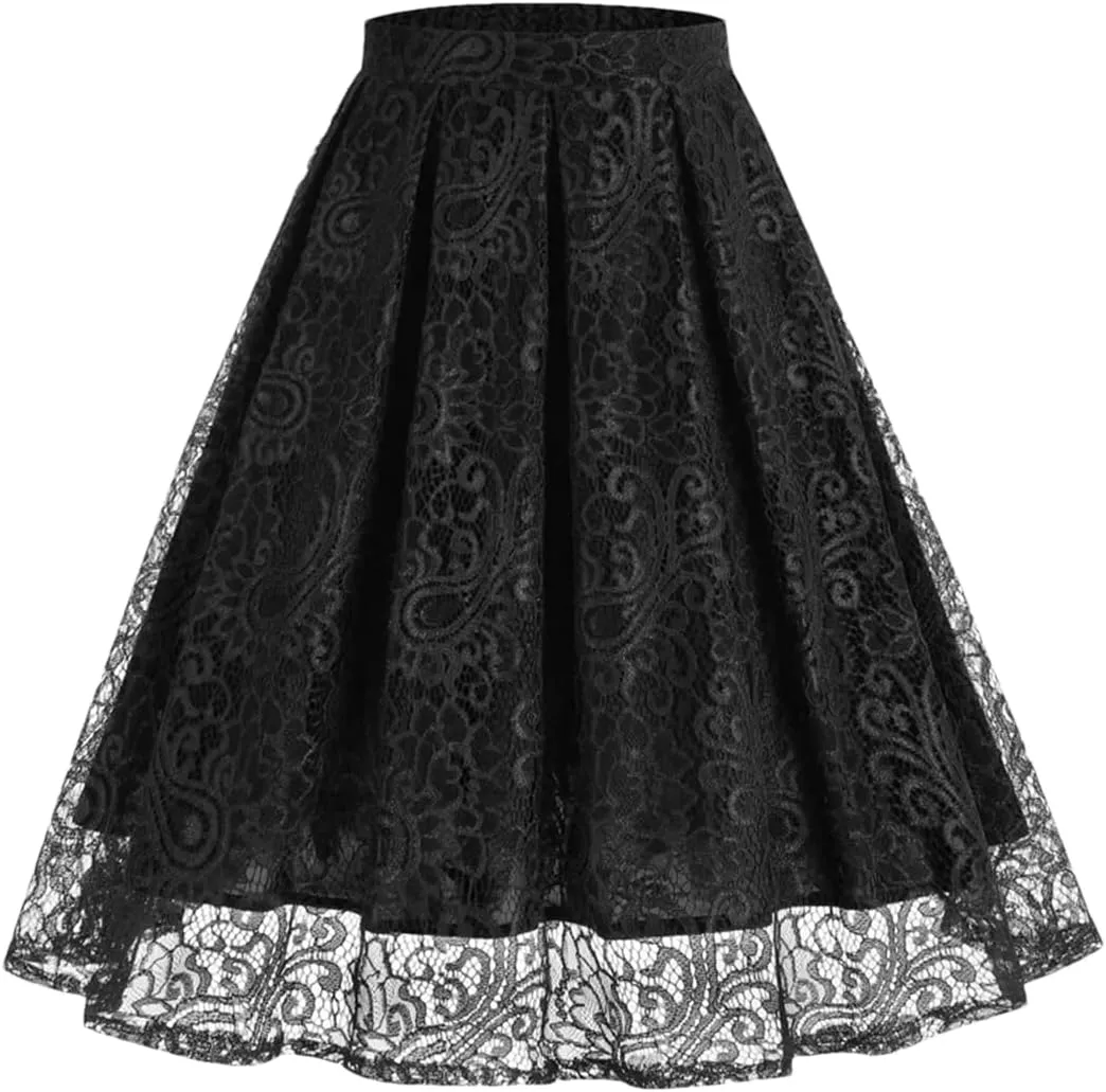 Women High Waist A-Line Skater Skirt Elastic Waist Solid Lace Skirt Midi Pleated Multi-Layer Skirts