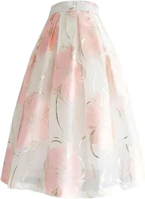 Women High Waist Jacquard Pleated Skirt A-Line Midi Skirts Vintage Elegant Party Skirts