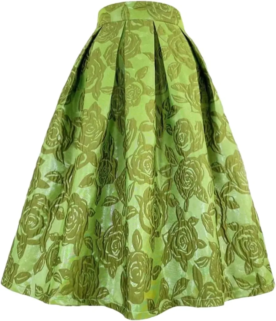 Women High Waist Long Skirts Pleated Midi Skirt Elegant Embroidered Vacation Party Skirt
