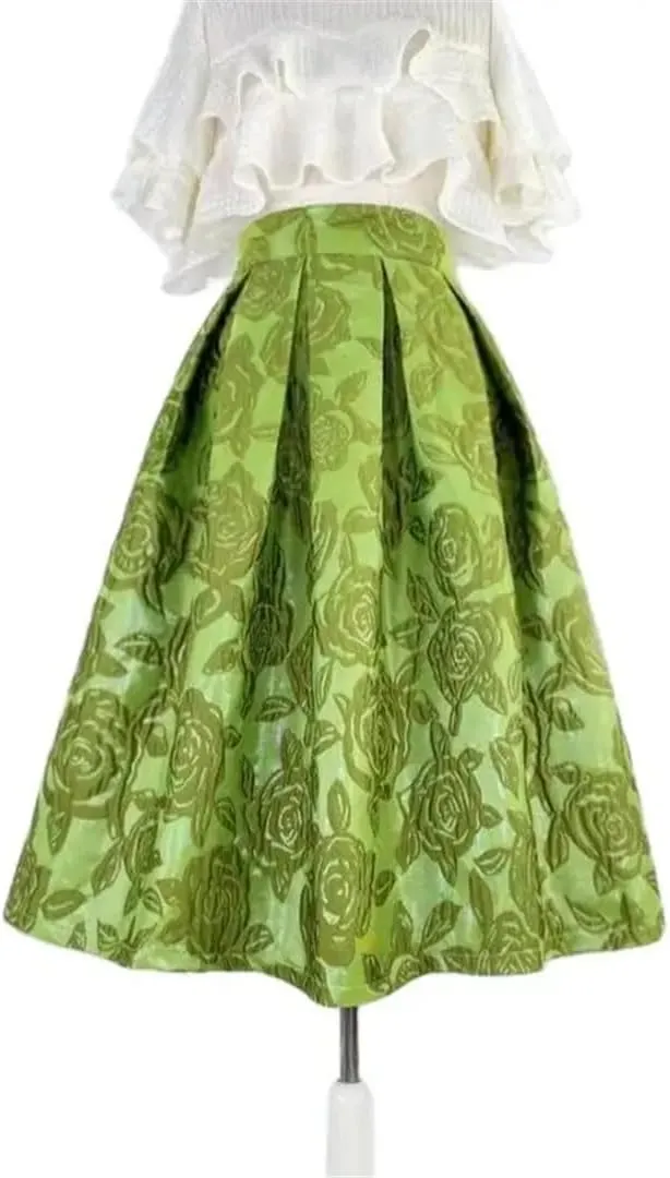 Women High Waist Long Skirts Pleated Midi Skirt Elegant Embroidered Vacation Party Skirt