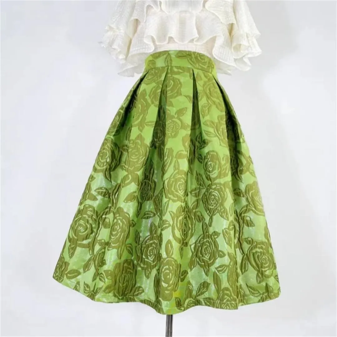 Women High Waist Long Skirts Pleated Midi Skirt Elegant Embroidered Vacation Party Skirt