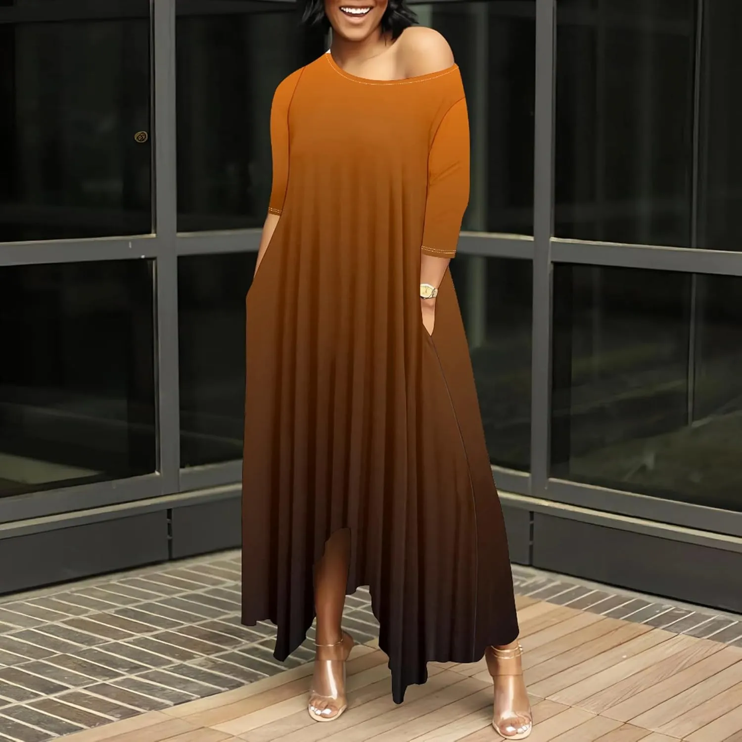 Women Off Shoulder Solid Color Fall Dresses 3/4 Sleeve Swing Ruffle Irregular Hem A Line Flowy Long Maxi Dress with Pockets
