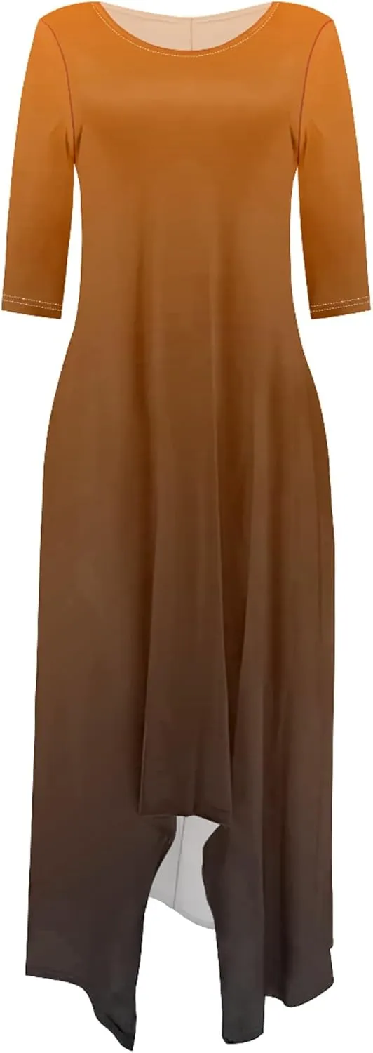 Women Off Shoulder Solid Color Fall Dresses 3/4 Sleeve Swing Ruffle Irregular Hem A Line Flowy Long Maxi Dress with Pockets
