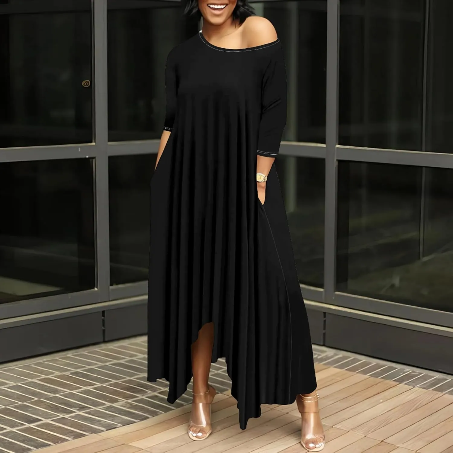 Women Off Shoulder Solid Color Fall Dresses 3/4 Sleeve Swing Ruffle Irregular Hem A Line Flowy Long Maxi Dress with Pockets
