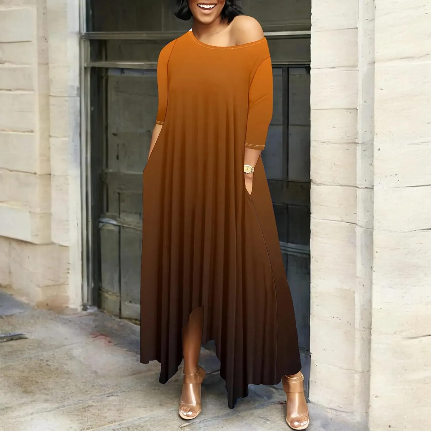 Women Off Shoulder Solid Color Fall Dresses 3/4 Sleeve Swing Ruffle Irregular Hem A Line Flowy Long Maxi Dress with Pockets