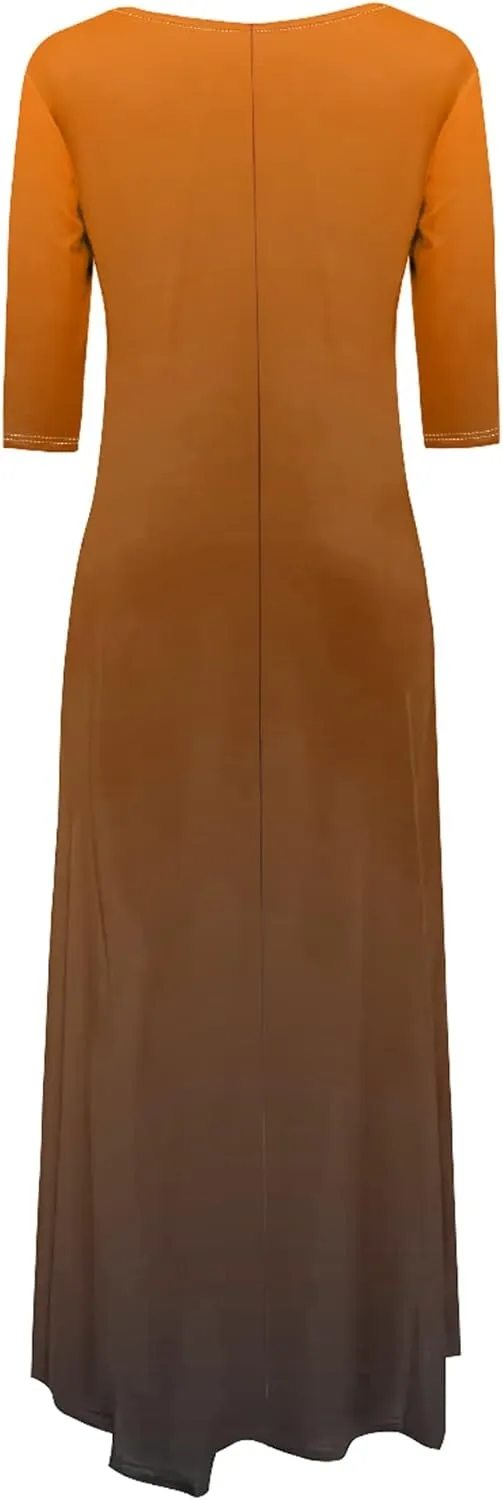 Women Off Shoulder Solid Color Fall Dresses 3/4 Sleeve Swing Ruffle Irregular Hem A Line Flowy Long Maxi Dress with Pockets