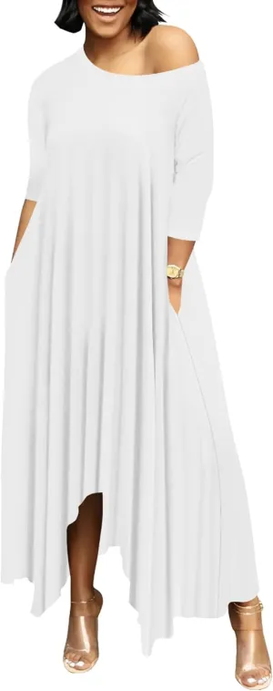 Women Off Shoulder Solid Color Fall Dresses 3/4 Sleeve Swing Ruffle Irregular Hem A Line Flowy Long Maxi Dress with Pockets