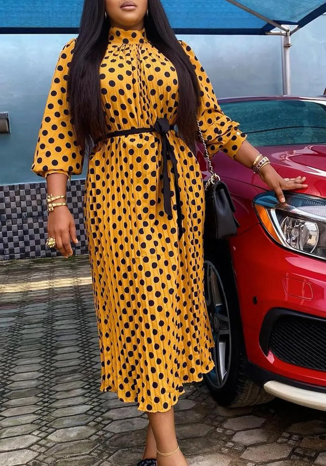 Women Polka Dots Pleated Dress Party Elegant 3/4 Sleeve Mock Neck Flowy Midi Cocktail Dresses with Belt Plus Size